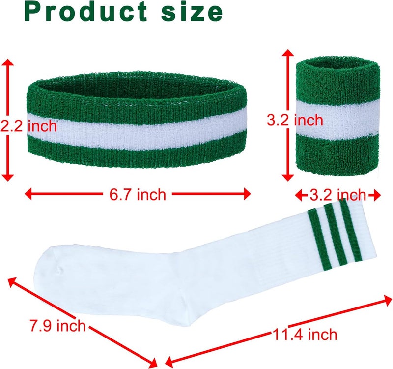 Sucrain 5 Pieces Striped Sweatbands and Socks Set, Sports Sweatbands Wrist Sweat Bands Red, White& Blue High Tube Socks 80s Accessories Costumes for Men Women - Image 2